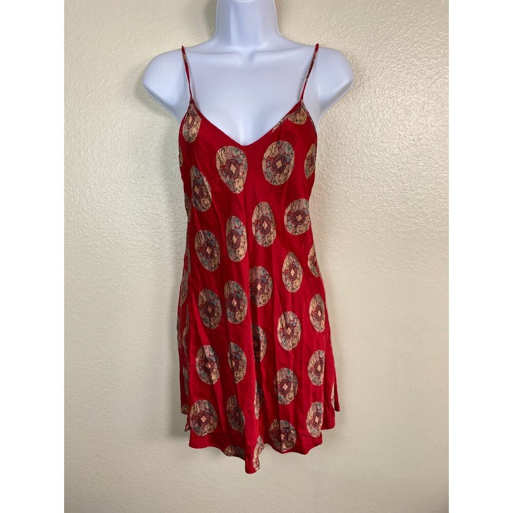 Red Satin Y2K Asian Print Women Cami Dress Spaghetti Straps Lightweight sz Large